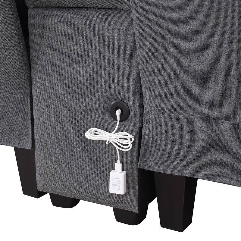 114.2" Modern Linen Fabric Sectional Sofa with Central Console, 2 Cupholders and Charging Station,4 Pillows