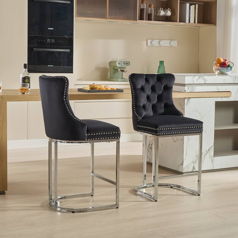 Set of 2 Modern 25 Inch Counter Bar Stools Velvet Upholstered Button Back Chrome Legs