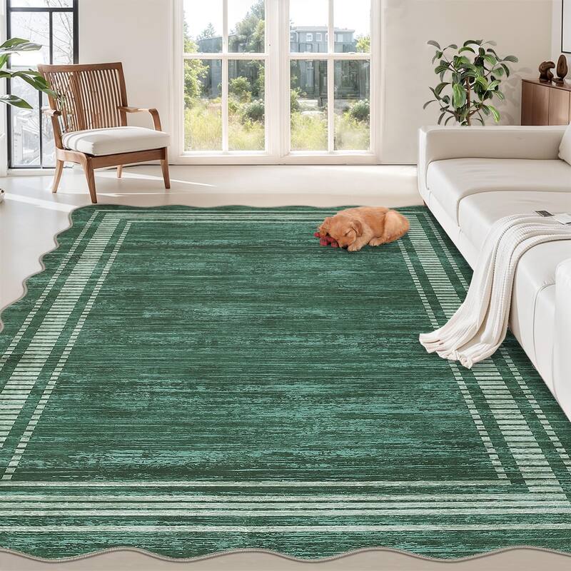 Washable Scalloped Area Rugs, Modern Bordered Living Room Rugs for Bedroom - 8'x10' - Green