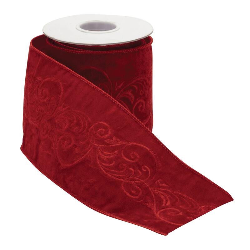 Red Embroidered Wired Ribbon 4 Inch x 5 Yards for Gift Wrapping