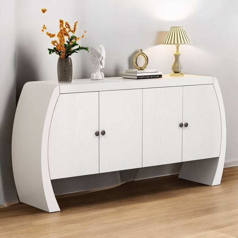 Four-Door Ash Veneer Storage Cabinet with Curved Legs, Antique Brass Handles, Perfect for Hallways, Entrances, and Living Rooms