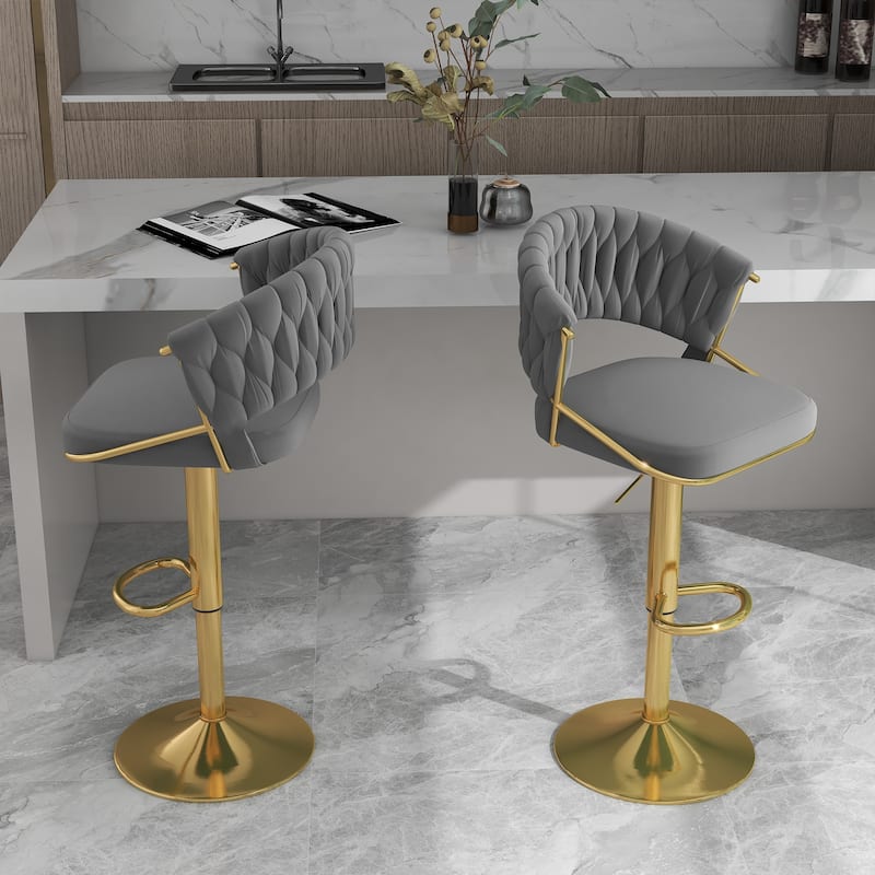 Set of 2 Modern Velvet Adjustable Bar Stools with Backs