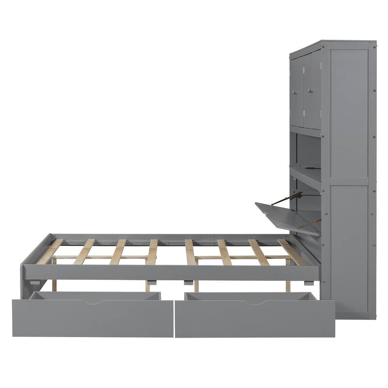 Full Size Wooden Platform Bed with Flip-Up Storage Headboard & Under-Bed Drawers, Space-Saving Bed Foundation with USB Ports