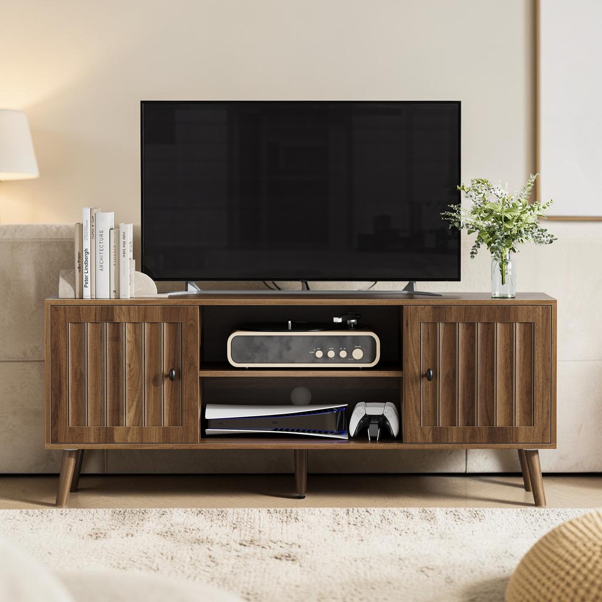 55 Inch Mid Century TV Stand with Fluted Doors, Wood Entertainment Center with Adjustable Shelves Storage Cabinet