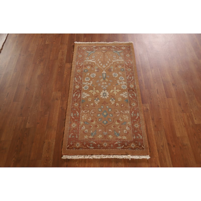 Hand Knotted Oriental 100% Wool Carpet Transitional Floral Brown Oushak Area Rug - 4' 0'' X 2' 1''