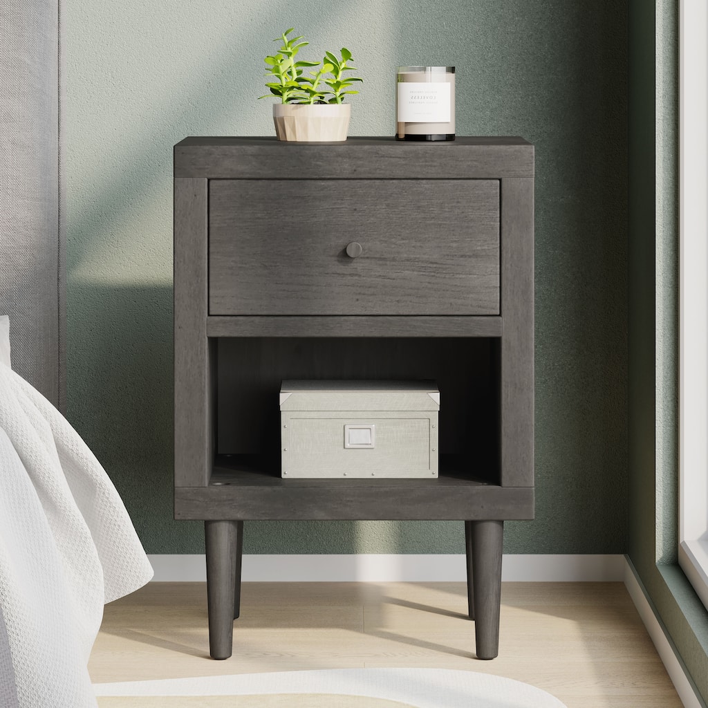 Sleek Gray Nightstand with Mid-Century Flair, Faux Wood Finish