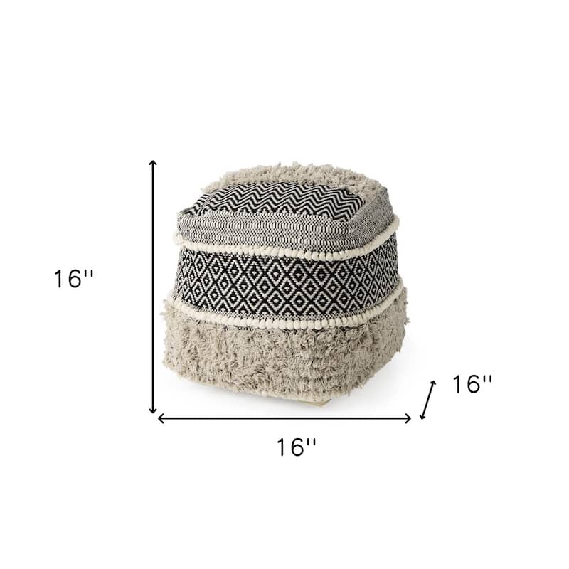 HomeRoots 16" Black Gray and White Cotton Geometric Pouf Ottoman