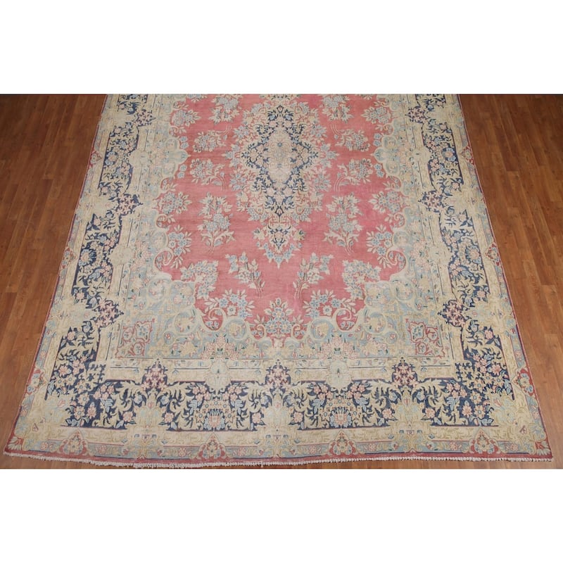 Hand Knotted Oriental 100% Wool Carpet Traditional Floral Pink Kerman Area Rug - 14' 0'' X 9' 11''