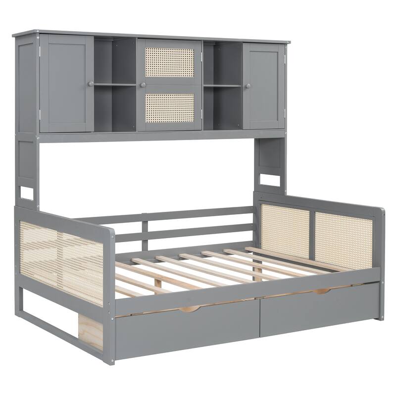 Full Size Wooden Daybed with 2 Drawers and All-in-One Cabinet and Shelf for Practical Bedroom Storage, Platform Bed Frame