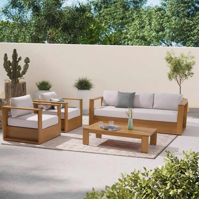 Outdoor Wooden Sofa Set with Coffee Table - Cream