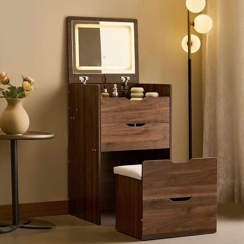 3 in 1 Vanity Desk with Plip-up Mirror & Lights, Glass Top Small Makeup Vanity, Makeup Desk with 3 Drawers & Storage Bench - Walnut