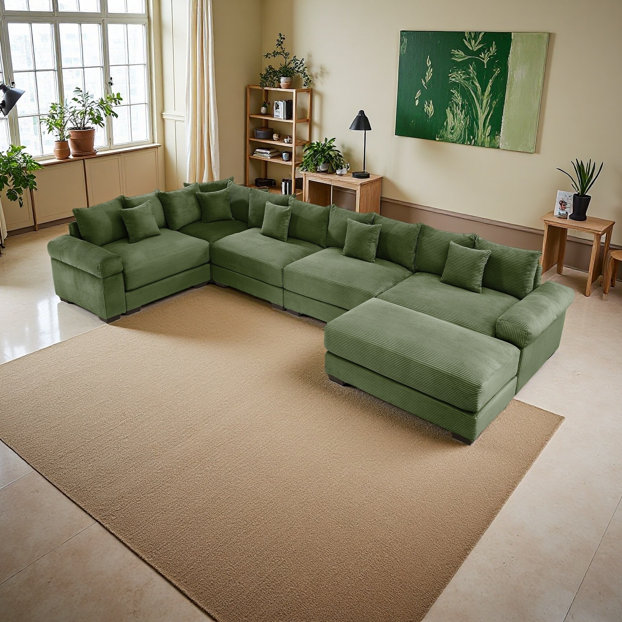 154.6" Corduroy Modular Cloud 5-Seater Sectional Sofa with Ottoman