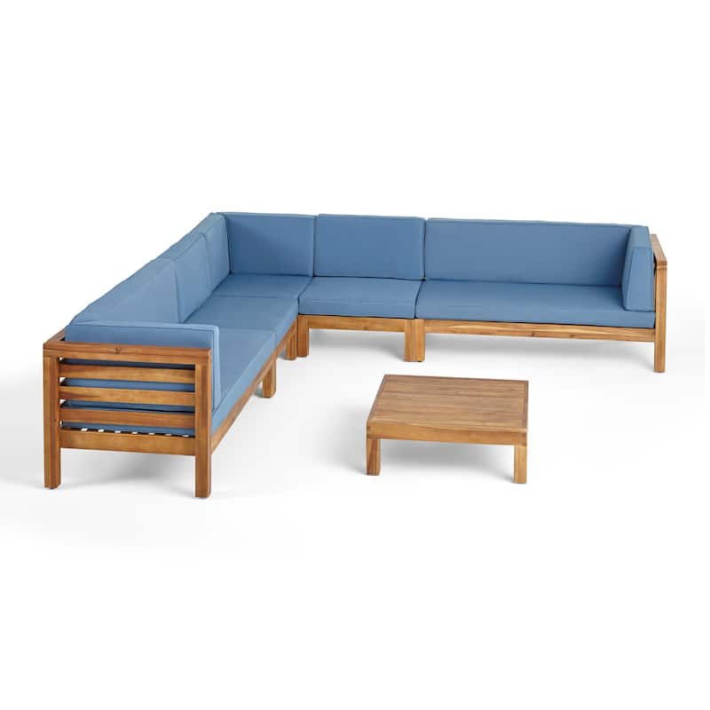 Oana Outdoor 7-seater Acacia Wood Sectional Sofa Set by Christopher Knight Home - Teak Finish + Blue