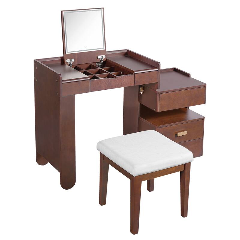 3-in-1 Makeup Vanity Desk with Stool, Flip-Top Mirror, Adjustable 3 Colors Lighting & Retractable Side Cabinet