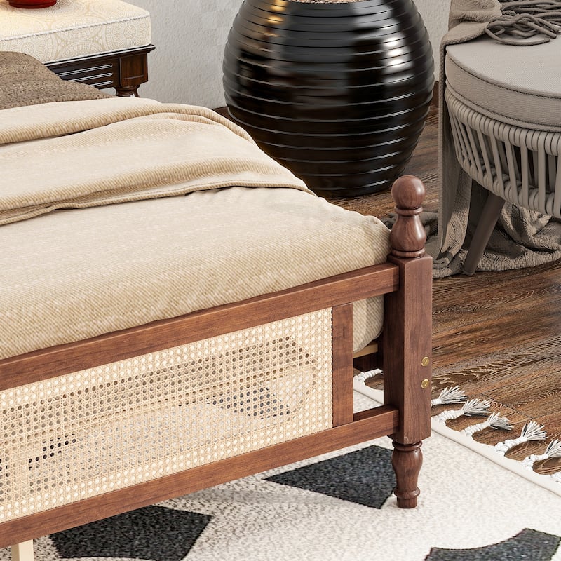 King Pine wooden Bed with Rattan Headboard and Footboard