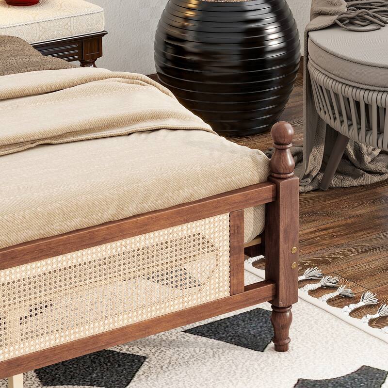 King Size Pine Wood Bed with Rattan Headboard & Footboard, Central Support Slats, Spacious Underbed Storage, Walnut Finish