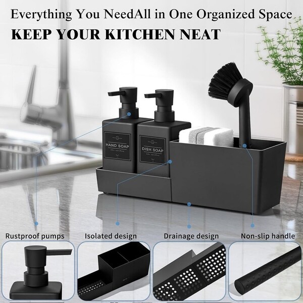 4-in-1 Soap Dispenser Set w/Sponge Holder & Brush for Kitchen Sink