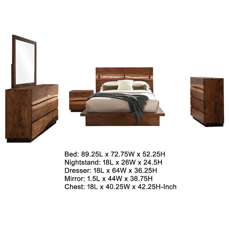 Zeko 5pc Queen Bedroom Set, Plinth Base, Live Edge, Smoky Walnut Brown
