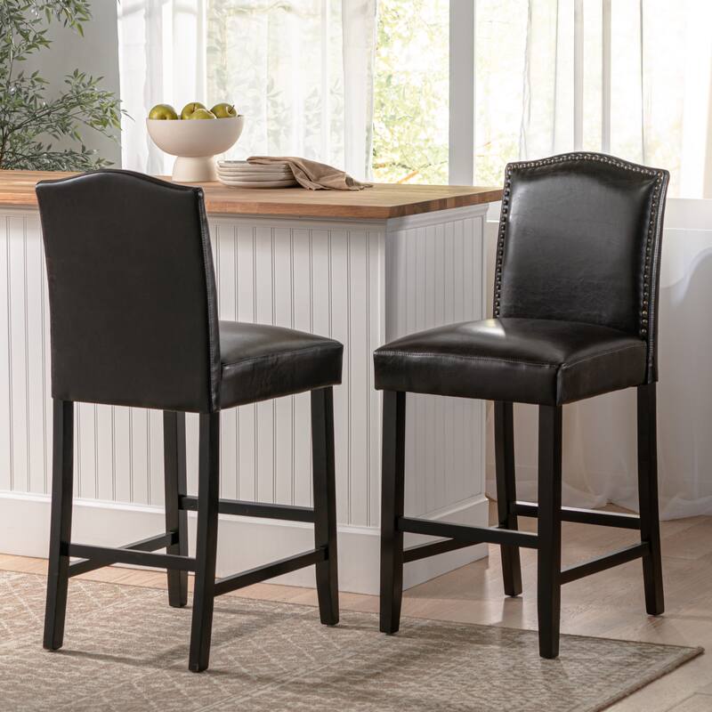 Set of 2, 27" Upholstered Counter Height Barstools with Nailhead Trim - Brown