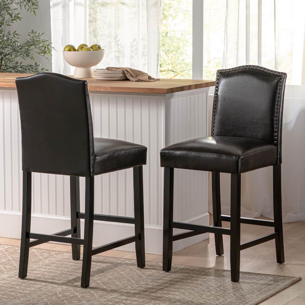 Set of 2, 27" Upholstered Counter Height Barstools with Nailhead Trim