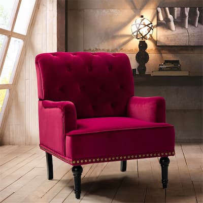 Geltrude Transitional Upholstered Button Tufted Club Chair with turned wooden Legs by HULALA HOME