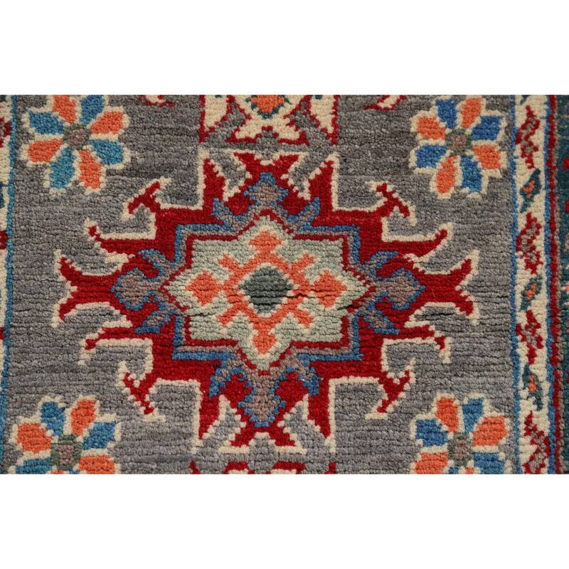 Hand Knotted Oriental 100% Wool Carpet Traditional Geometric Greys & Charcoal Kazak Area Rug - 2' 10'' X 1' 11''