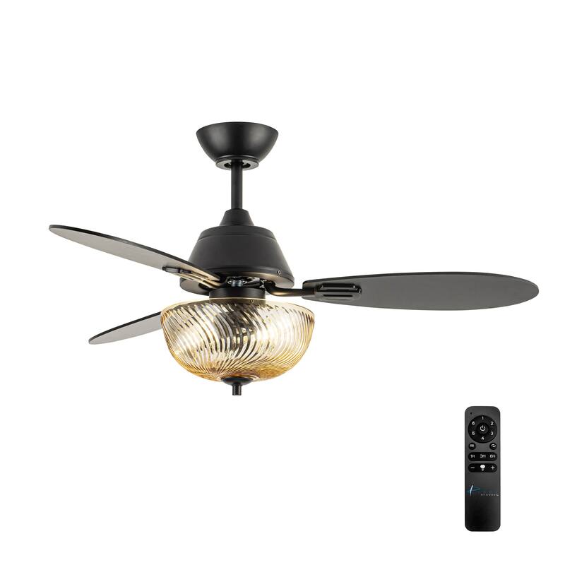 Coco River of Goods 3-blade 42-inch Glam Indoor Ceiling Fan with Amber Hand-Cut Glass Shade and Remote Control