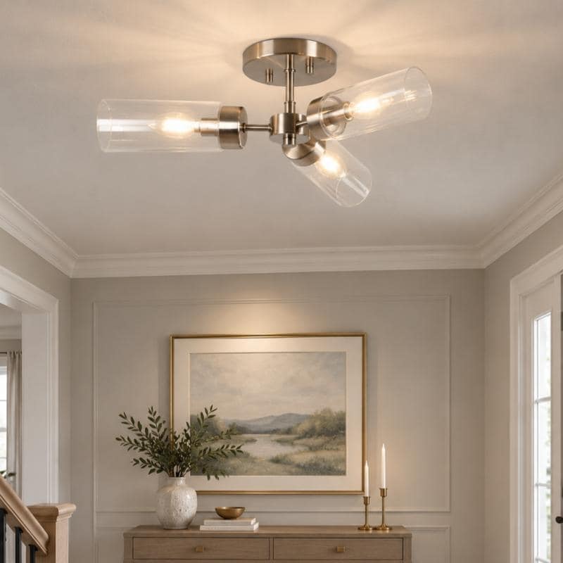 LNC Modern 3-Light Semi Flush Mount Ceiling Light with Clear Glass Cylinder Shades for Bedroom Kitchen Hallway