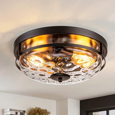 2-Light Modern Industrial Black Dome Clear Water Rippled Glass Flush Mount Ceiling Light - 12.9 in. W x 5.5 in. H