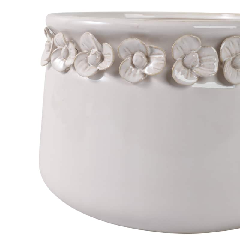 Ceramic Round Planter Sculpted Floral Rim Detail and Drainage Hole