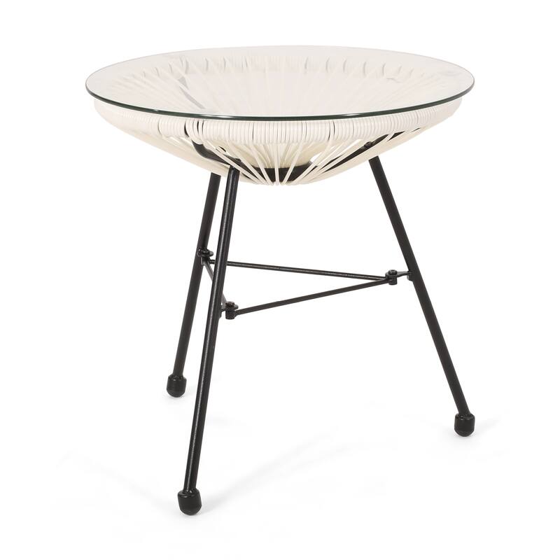 Roomfitters Nusa Outdoor Modern Rattan Side Table with Tempered Glass Top, Round Patio Accent Table, White