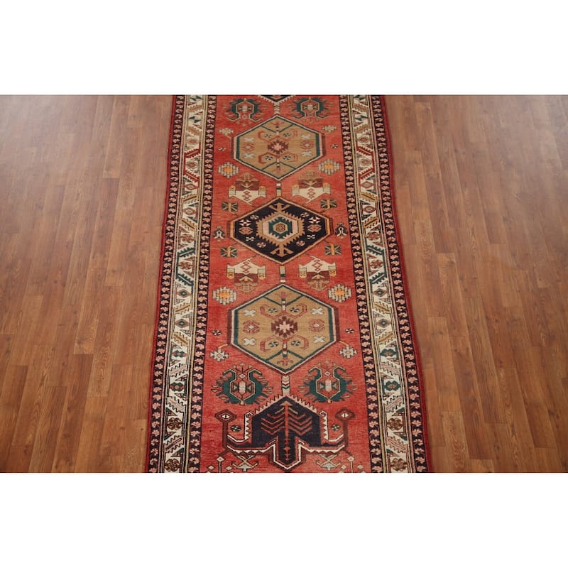 Geometric Red Heriz Persian Vintage Runner Rug Handmade Wool Carpet - 3'9"x 11'1"