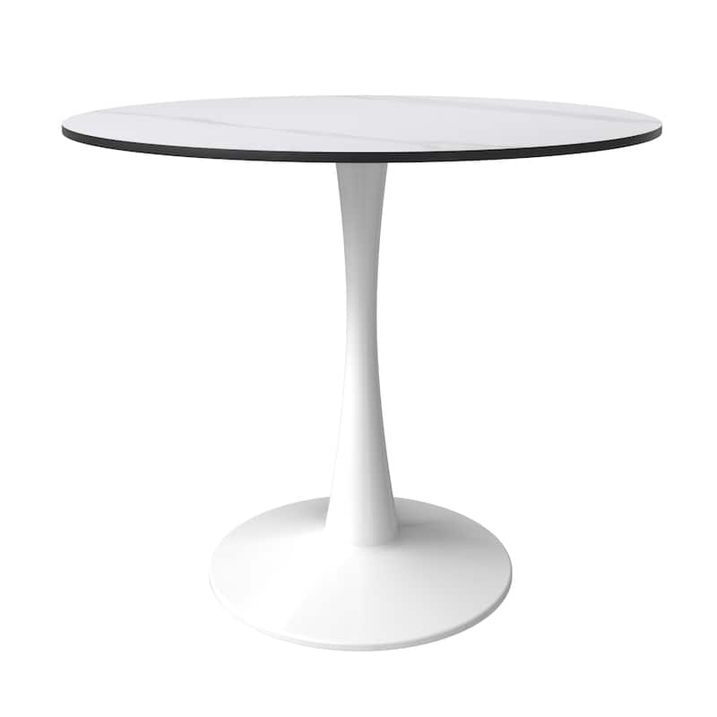 Bristol Round Dining Table for 4, 35" Sintered Stone Tabletop with White Stainless Steel Pedestal Base