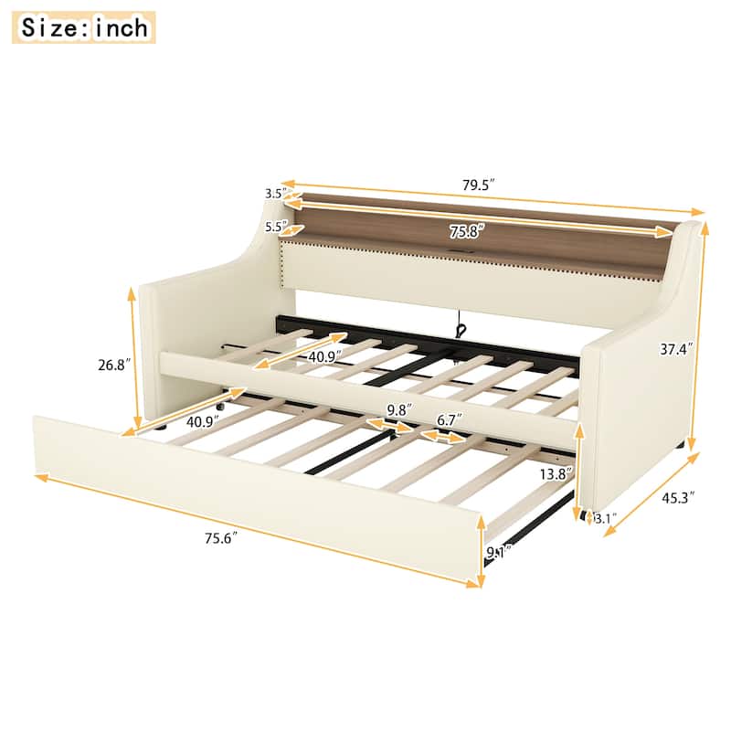Twin Size Daybed with Trundle Bed, Upholstered Daybed with Charging Station and LED Lights