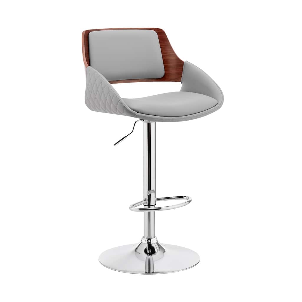 25" Grey Adjustable Faux Leather Swivel Bar Stool with Chrome Base Low Back and Footrest for Kitchen - 43”H x 21”W x 20”D