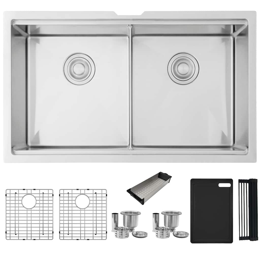 Stylish Undermount 32" Stainless Steel Double-Bowl Kitchen Sink S-601