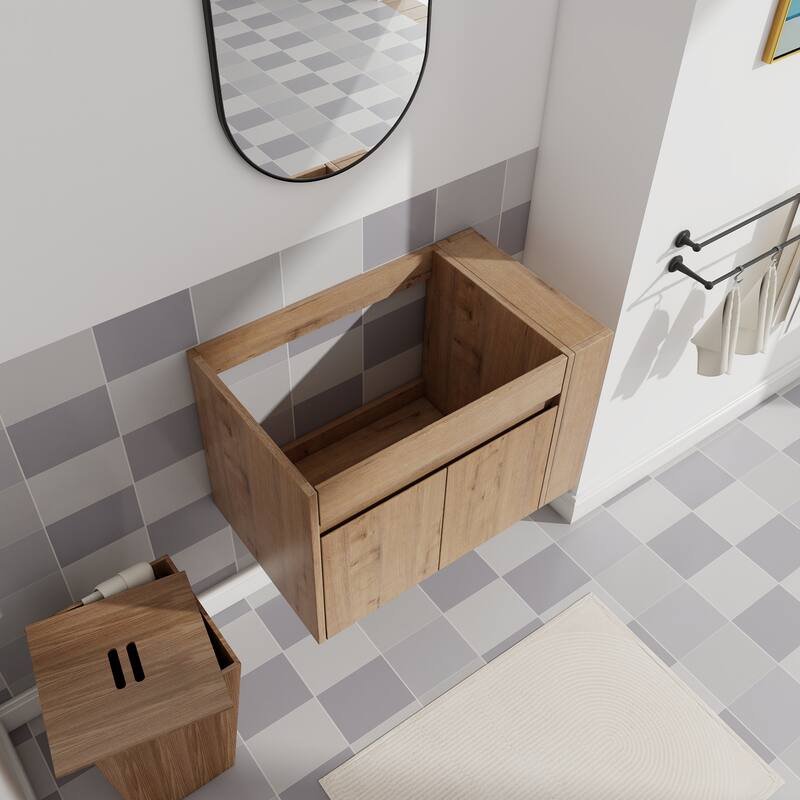 Compact Wall-Mounted Bathroom Vanity with Adjustable Open Shelf, 45° Inclined Handle Design - 29.13in L Plywood
