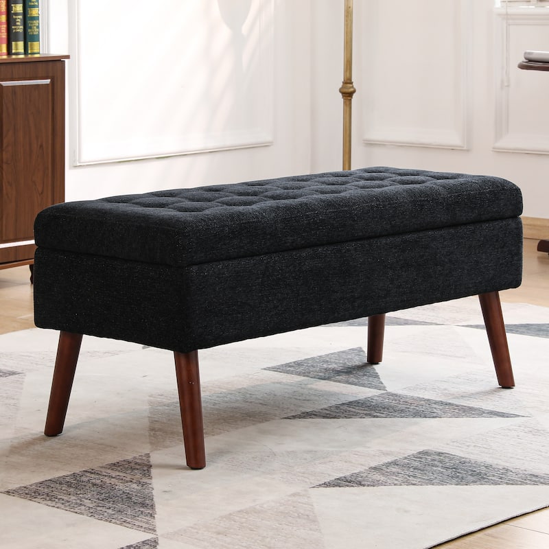 Storage Bench with Black Linen Upholstery and Safety Hinge for Bedroom Living Room Entryway - Black - Large