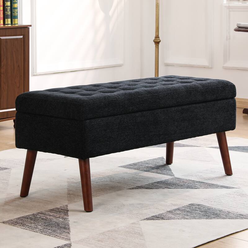 Storage Bench with Storage End of Bed Bench Entryway Bench Storage Ottoman Bench 43.7" W x 18.1" D Grey Linen Bench - Black