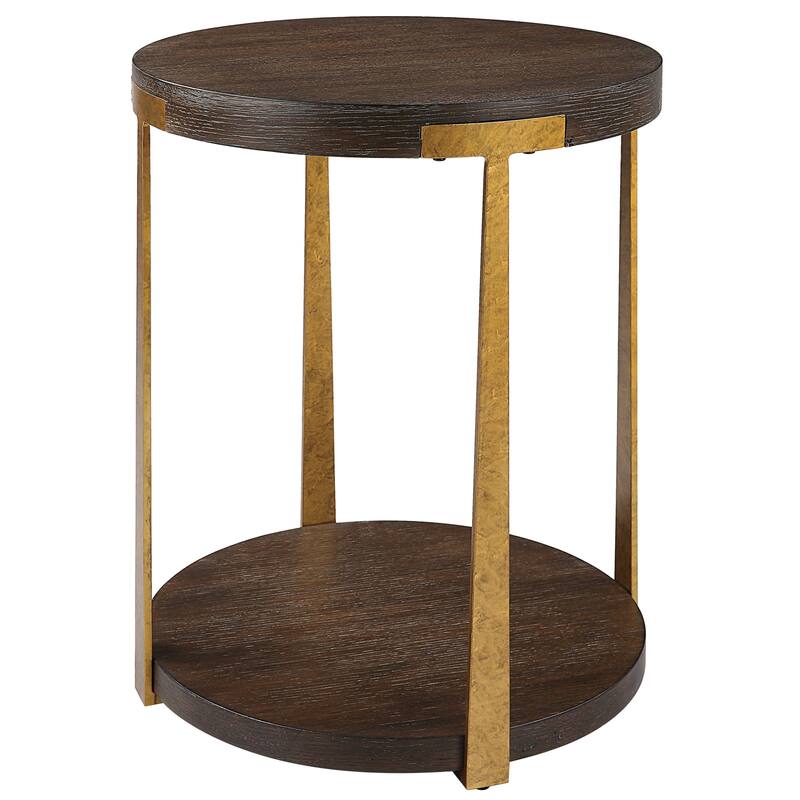 2-Tier Round Wooden Side Table - 24" - Brown and Gold