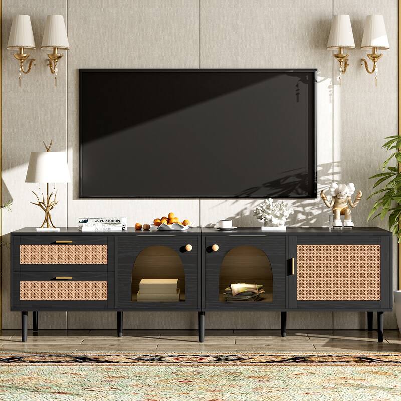 Rattan-inspired TV Stand, 70.8" Media Console for TVs Up to 80" with LED Lights & Storage Drawers