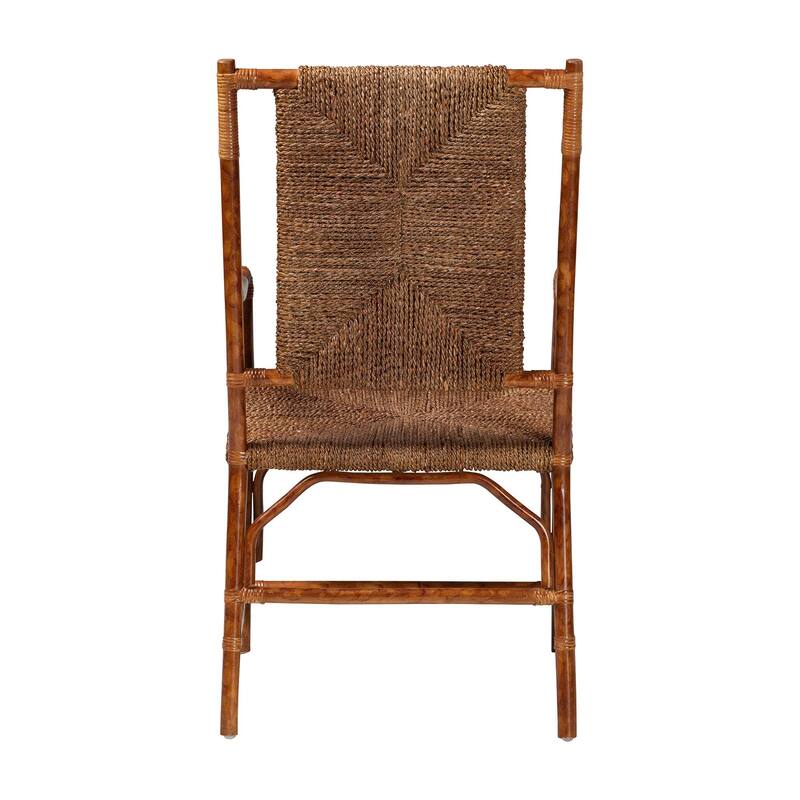 Ramos Marbled Tortoise Natural Rattan and Seagrass Armchair - Handwoven Wicker Chair, Rustic Boho Accent Seating