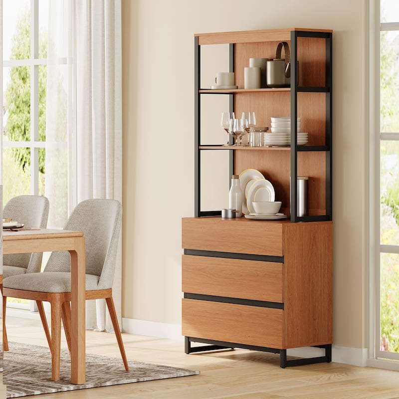 WAMPAT Modern 72" Tall Bookcase with Drawers and Open Book Shelfs, Library Book Shelf for Home Office, Living Room