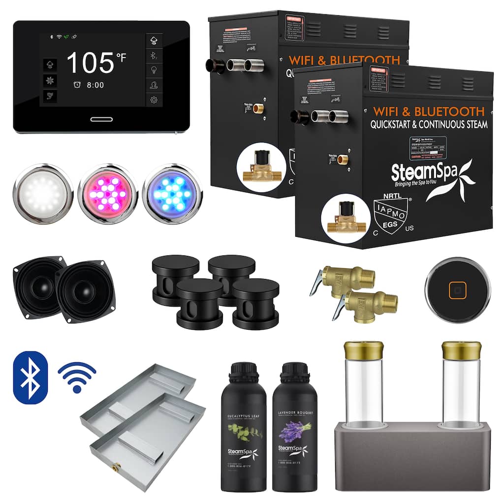 Black Series WiFi and Bluetooth 2 x 10.5kW QuickStart Steam Bath Generator Package with Dual Aroma Pump in Matte Black