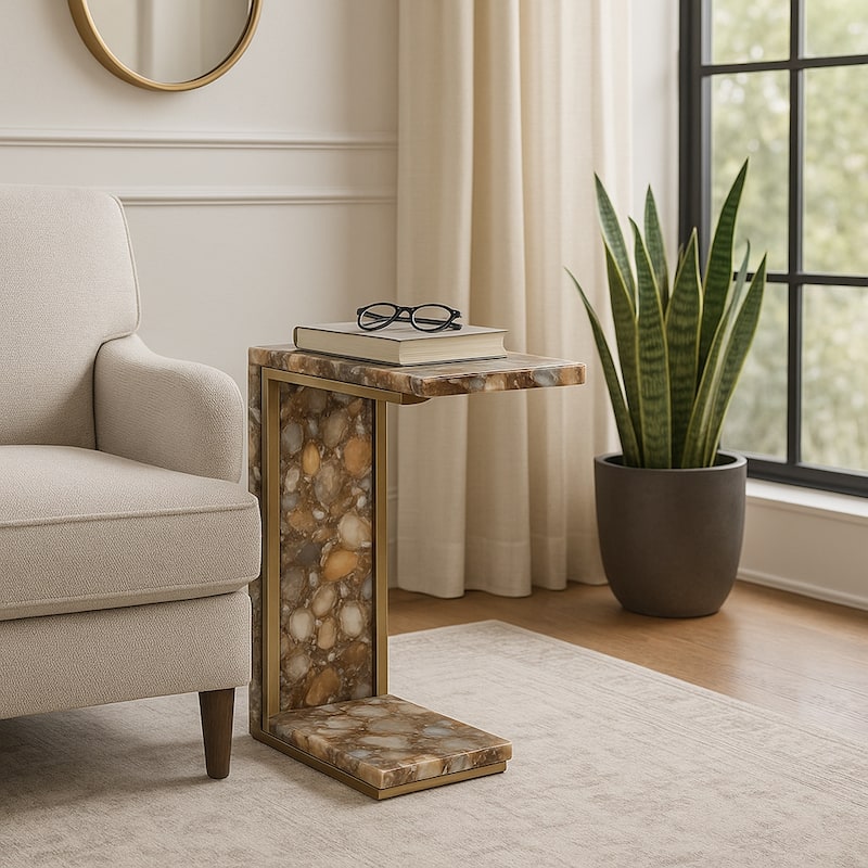 Stone Metal Accent Table Modern C-Shape Glam Finish - 25" Brown - 14" x 10" x 24.75" - Marble - 14" x 10" x 24.75" - Brown