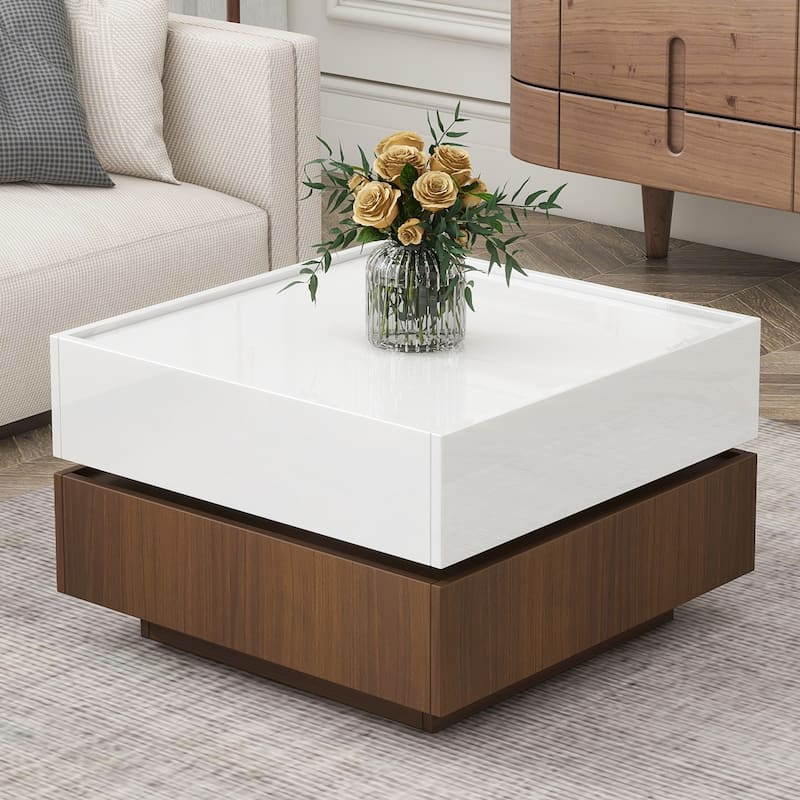 360 degree Rotating 2 Tier Square Coffee Table With 2 Drawers And Swivel Tabletop