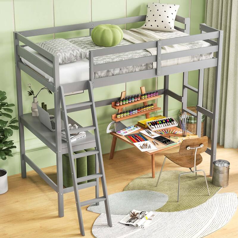 Costway Twin Size Loft Bed w/ Desk & Shelf 2 Ladders & Guard Rail for