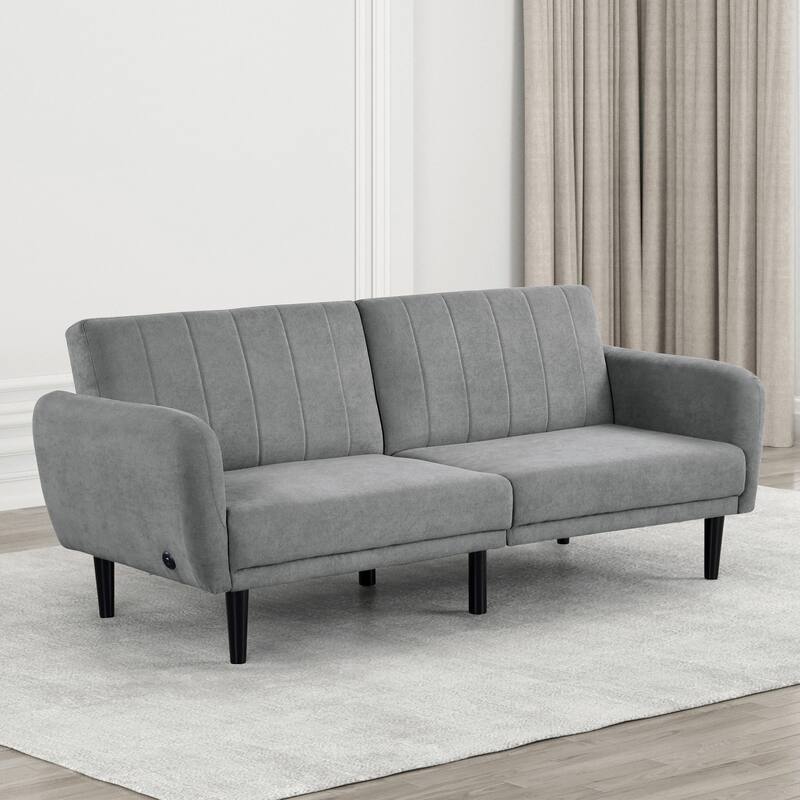 Furniture of America Raliles Modern Split Back Channel Fabric Futon Sofa with USB Ports - Grey