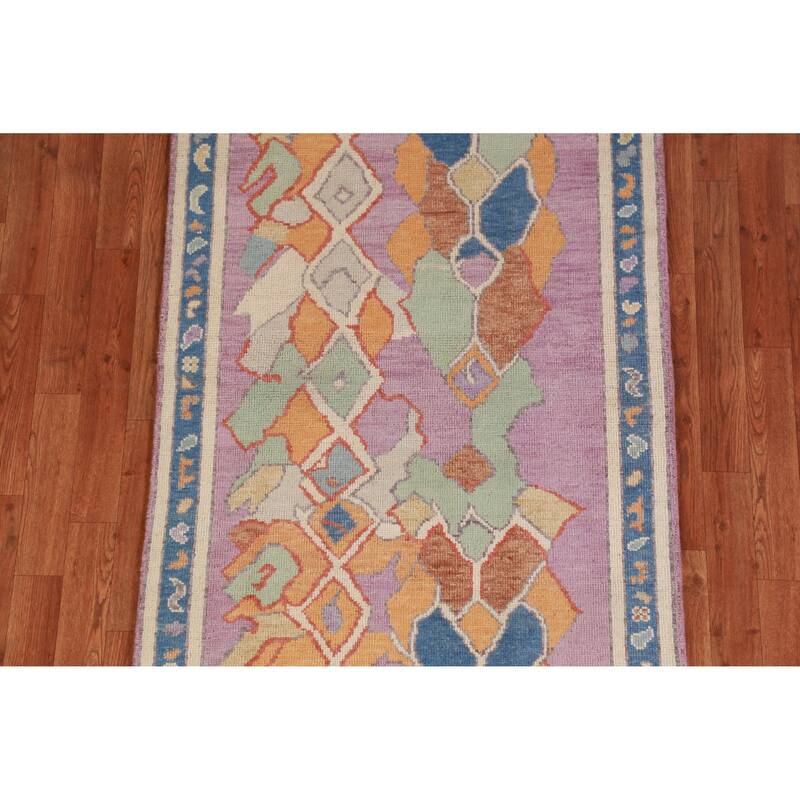 Hand Knotted Oriental 100% Wool Carpet Transitional All-Over Purples Oushak Runner Rug - 7' 10'' X 3' 0''