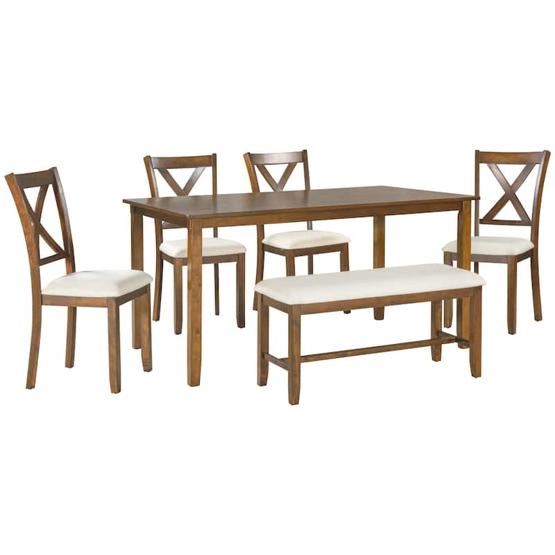 6-Piece Rectangular Dining Set with 4 Fabric Chairs and Bench